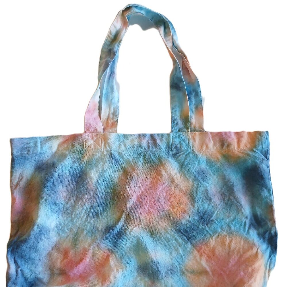 Tie Dye Tote Bag Cotton Reusable Grocery Bag With Blue Pink Orange Handmade - Picture 2 of 16